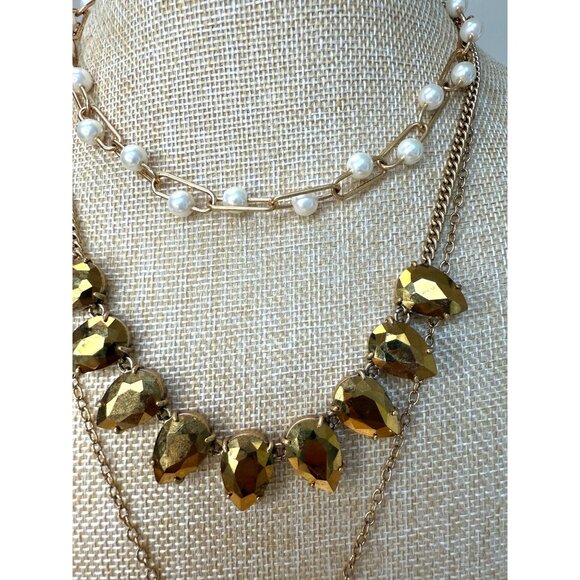 J.Crew Gold-Tone & Pearl Necklace Set W/ Rhinestones Multi-Strand Design  - 3 - Picture 2 of 10